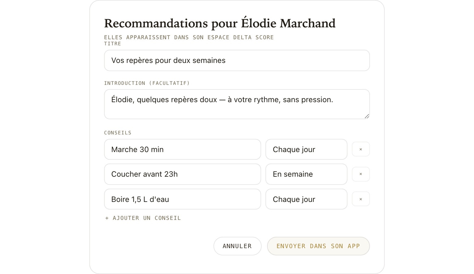 La recommandation envoyée dans l'app du sujet